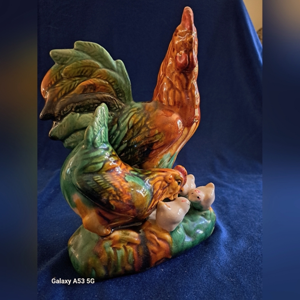 DRIP GLAZE CHICKEN, ROOSTER, POULTRY FAMILY FIGURINE 8" TALL.